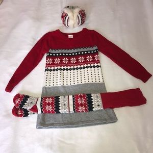 Sweater dress, ear muffs and matching stockings